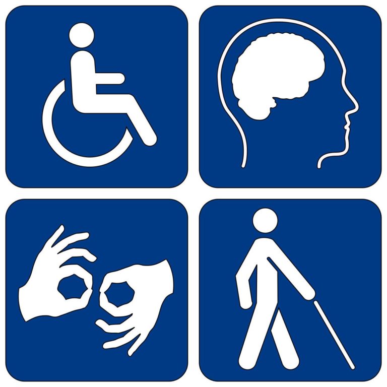 wheelchair user, neurodiverse, deaf, and blind accessibility signs
