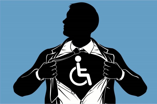 man pulling shirt open to reveal the accessibility symbol of an individual in a wheelchair