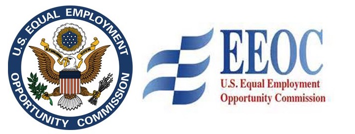 EEOC logo. US equal employment opportunity commission. dark blue and red letters.
